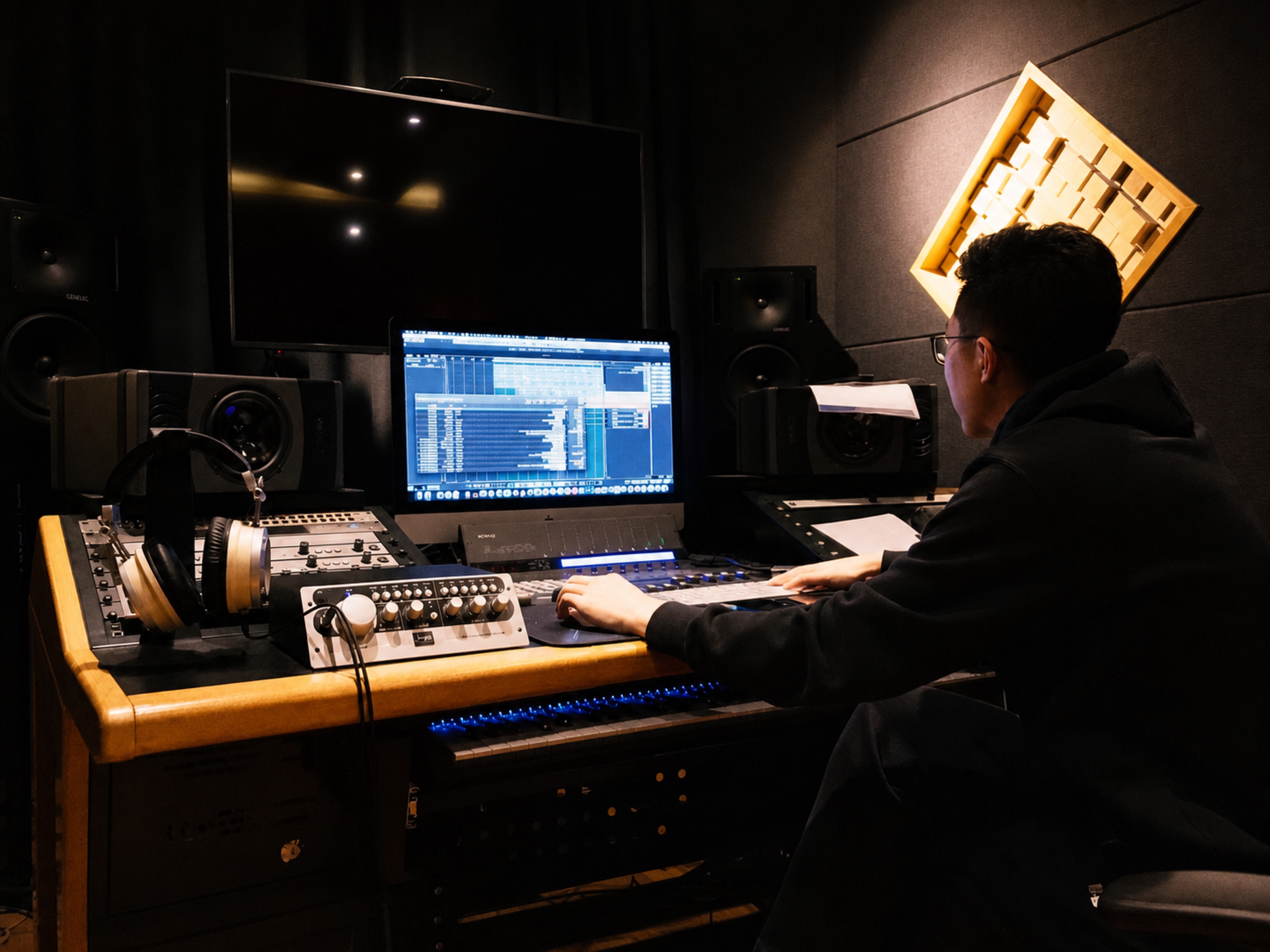 音此 Studio 制作人在控制室工作